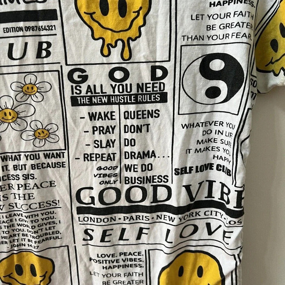 On Fire Womens Allover Graphic White T-Shirt “God is all you need” Large Smiley - Picture 4 of 10